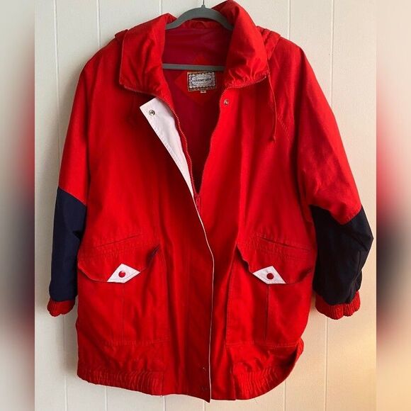 Current Seen Coat Women’s Large Red Blue Hood Oversized Storm Coat Russia - Picture 2 of 7